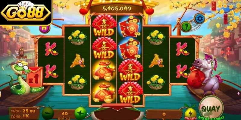 Bối cảnh trong game sắc xuân chợ Tết Go88 rực rỡ